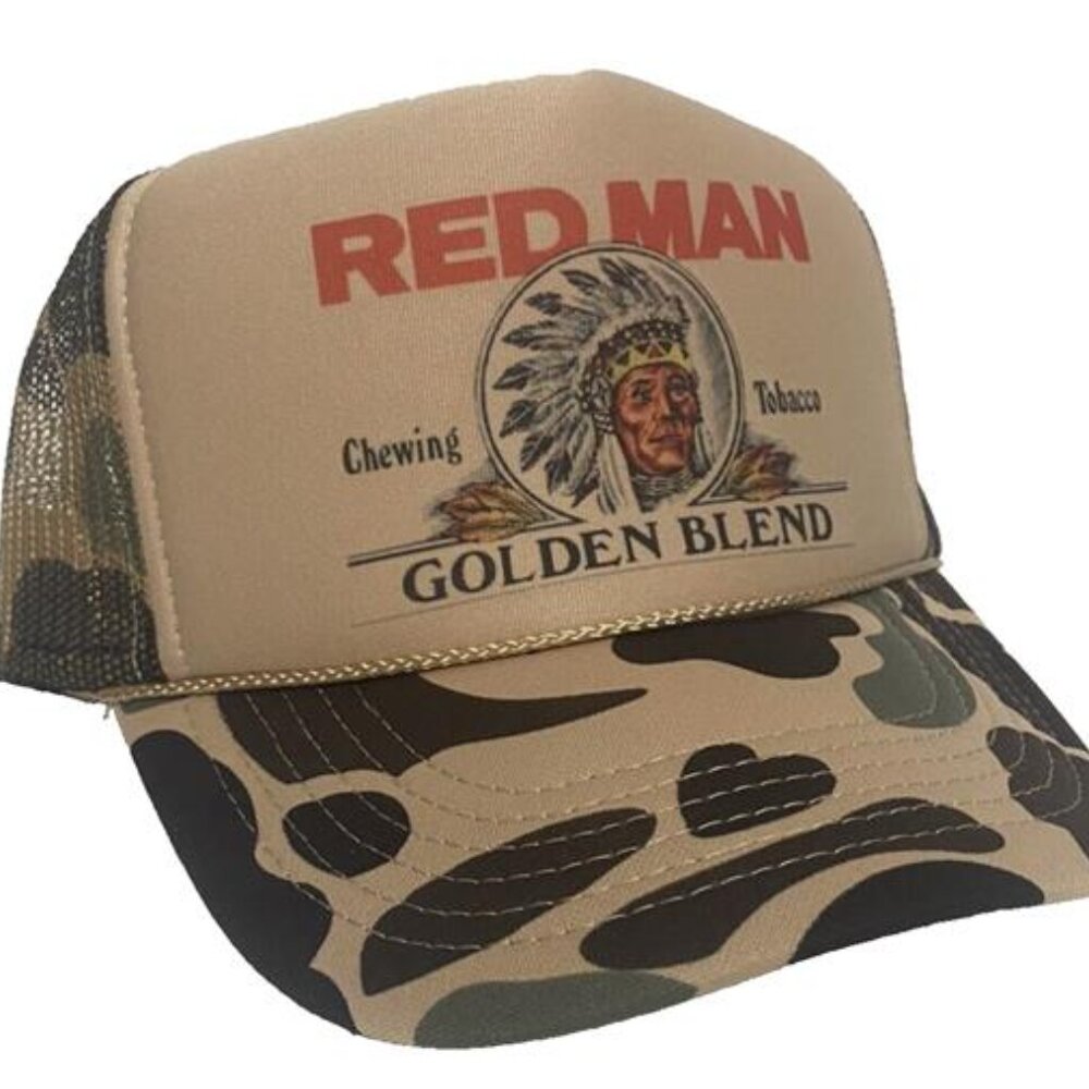 Hunting Outdoors Retro Vintage Style RedMan Chew Trucker Hat Golden Blend Camo